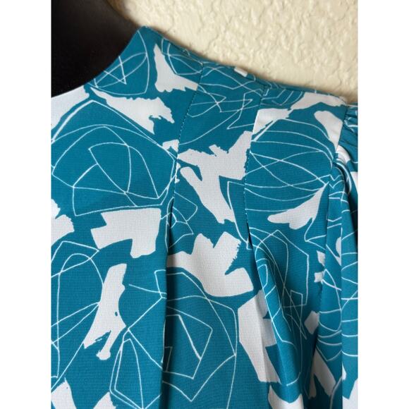 Teal Blue White 80's Dress Wide Belt Sz 10 12 Geometric New Wave Flutter Sleeve - Picture 5 of 7